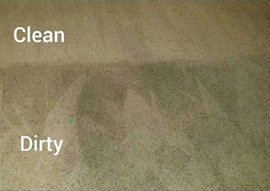 A carpet photographed mid-clean. The upper half is light and even and labeled Clean; the lower half is darker and mottled and labeled Dirty.